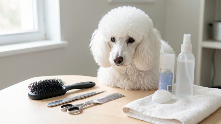Caniche blanc au pelage bouclé entouré d’une brosse carde, d’un peigne à dents larges, de ciseaux à bouts ronds, d’un spray démêlant et d’une serviette.