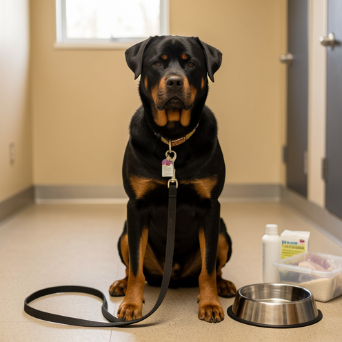 Rottweiler adulte assis calmement dans un refuge, près d’une laisse, d’un collier et de fournitures de soins, illustrant l’adoption responsable.