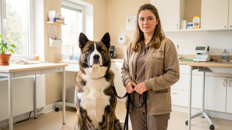 Un Akita américain au pelage bringé et blanc assis calmement à côté d’une femme dans une clinique vétérinaire française.