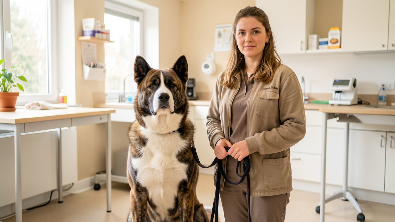 Un Akita américain au pelage bringé et blanc assis calmement à côté d’une femme dans une clinique vétérinaire française.
