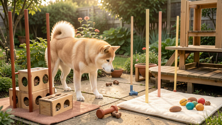 Akita Inu calme explorant un espace d’enrichissement avec jouets de réflexion, tapis de recherche olfactive et petits obstacles dans un jardin lumineux.
