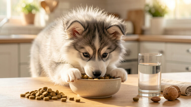 Un chiot Pomsky au pelage gris et blanc mange des croquettes dans une gamelle en céramique, avec de l’eau fraîche et des ingrédients naturels dans une cuisine lumineuse.
