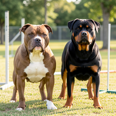 Un American Bully et un Rottweiler se tiennent côte à côte dans un espace d’éducation canine, permettant de comparer leur morphologie et leur attitude attentive.