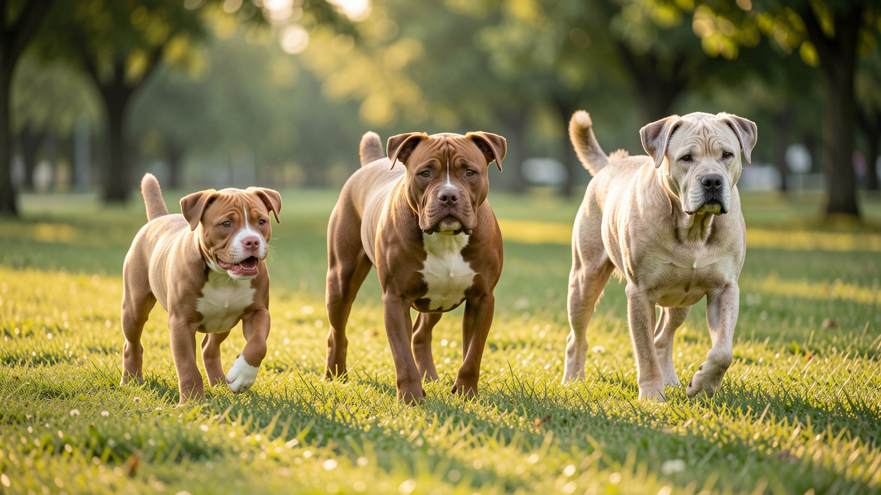 Trois American Staffordshire Terriers à différents âges, un chiot, un adulte et un chien âgé, se déplacent confortablement dans un parc avec une silhouette saine.