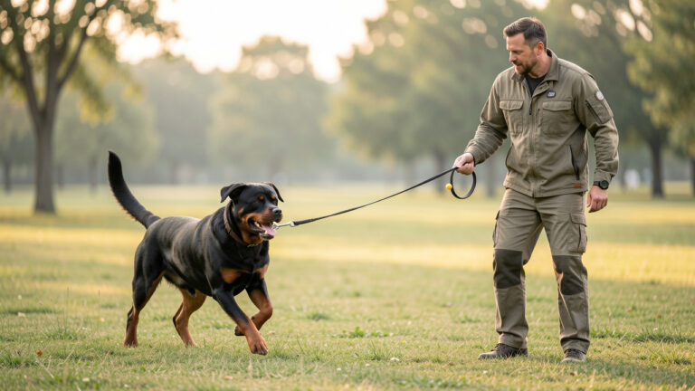 Un Rottweiler revient joyeusement vers un éducateur canin dans un parc, pendant un exercice progressif de rappel avec une longe.