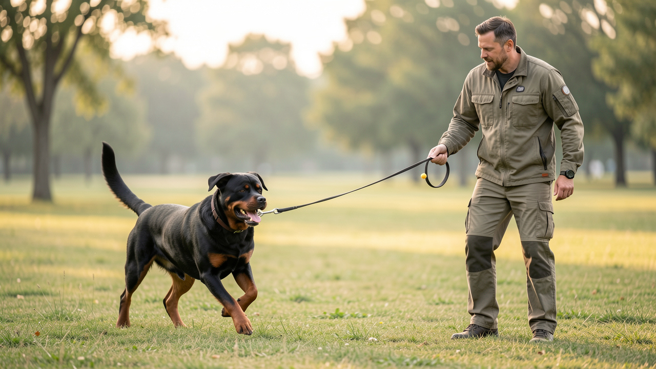Un Rottweiler revient joyeusement vers un éducateur canin dans un parc, pendant un exercice progressif de rappel avec une longe.