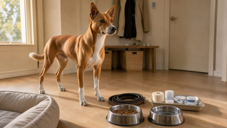 Un chien Basenji au pelage fauve et blanc se tient calmement près d’accessoires préparés pour son adoption dans une entrée chaleureuse.