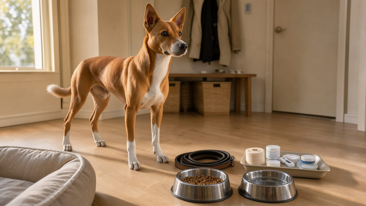 Un chien Basenji au pelage fauve et blanc se tient calmement près d’accessoires préparés pour son adoption dans une entrée chaleureuse.