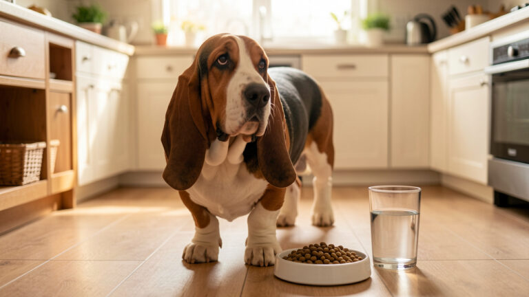 Basset hound adulte en bonne santé marchant près d’une gamelle de nourriture équilibrée et d’eau fraîche dans une cuisine lumineuse.