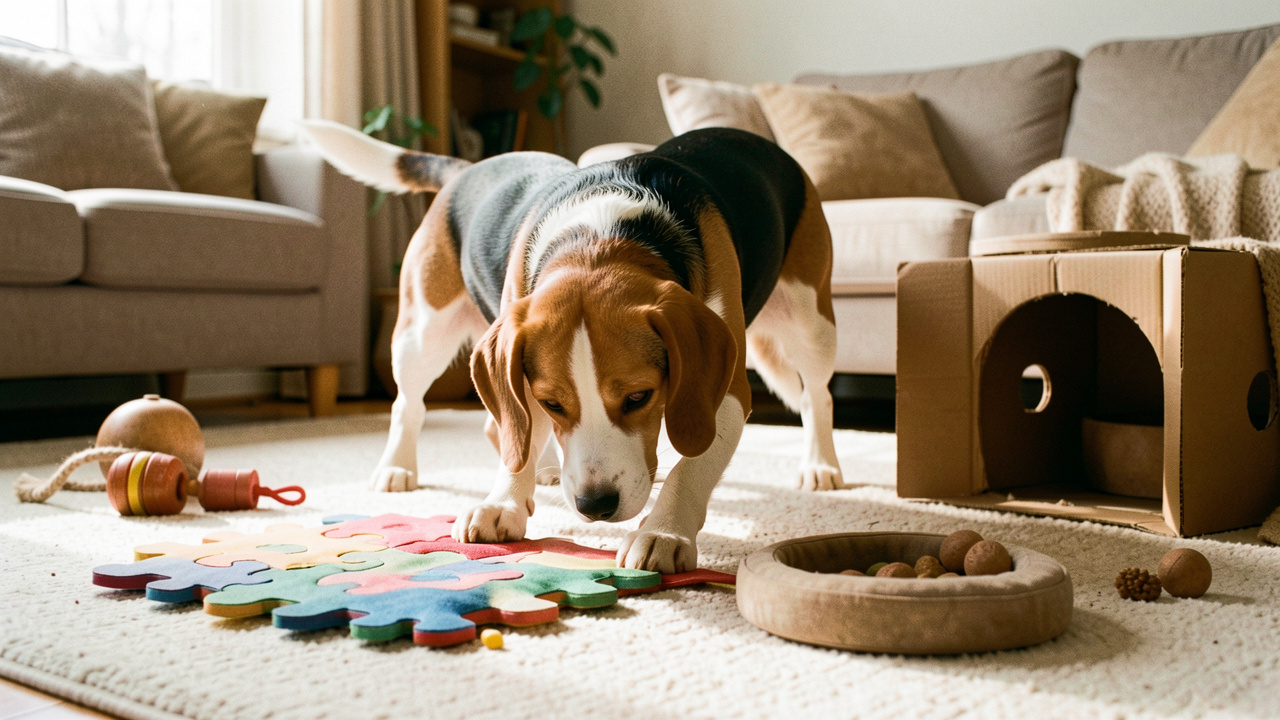 Beagle tricolore explorant plusieurs jeux éducatifs de flair disposés sur un tapis dans un salon chaleureux.
