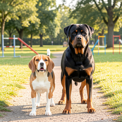 Un Beagle énergique et curieux et un Rottweiler calme et attentif côte à côte dans un parc avec des obstacles d’agilité.