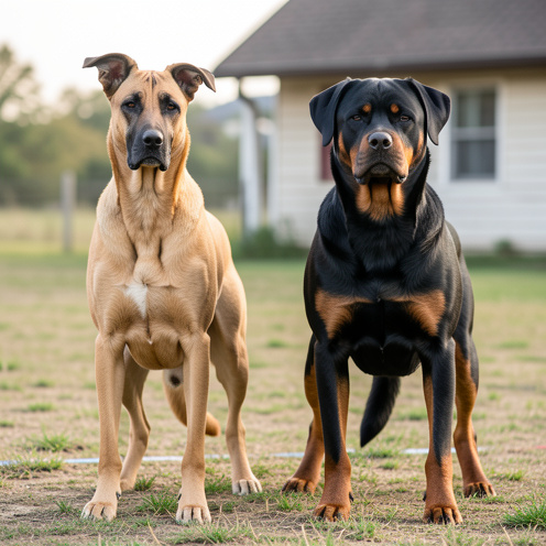 Un Beauceron et un Rottweiler se tiennent côte à côte dans un espace extérieur, illustrant leurs différences de morphologie, de caractère et d’éducation.