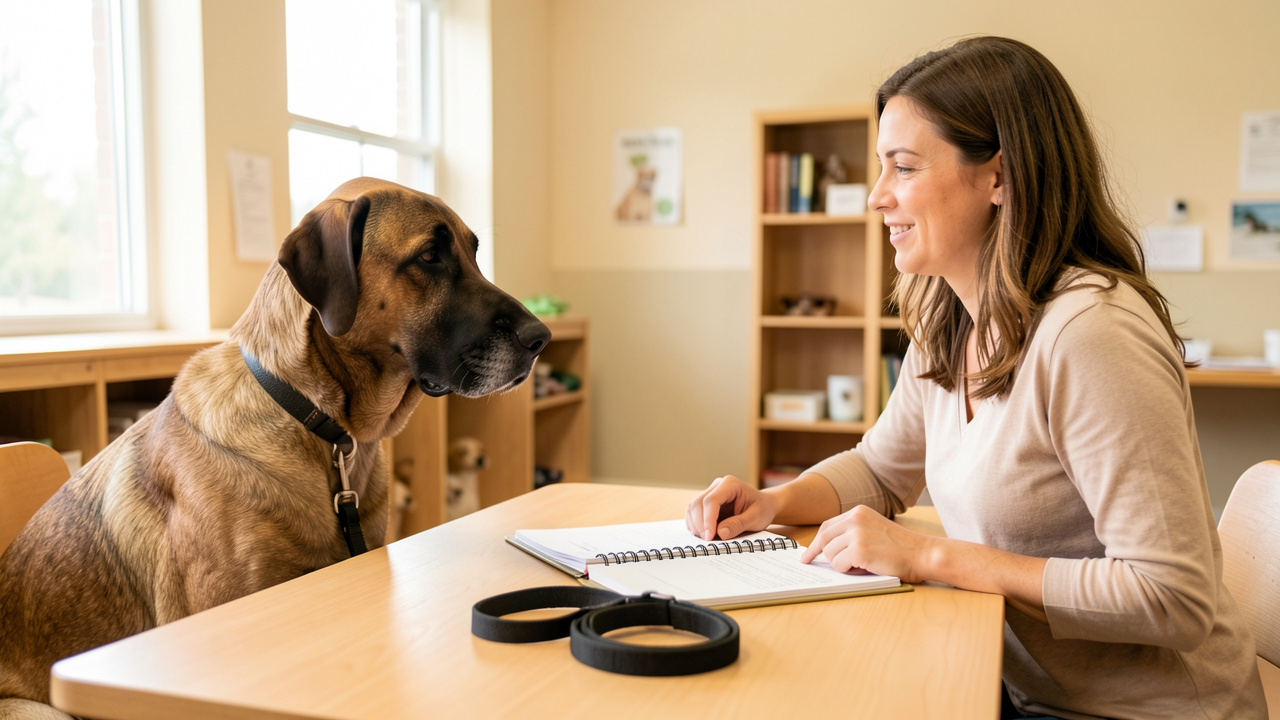 Un Beauceron rencontre calmement une conseillère dans un centre d’adoption lumineux, avec un dossier ouvert et une laisse posés sur une table.