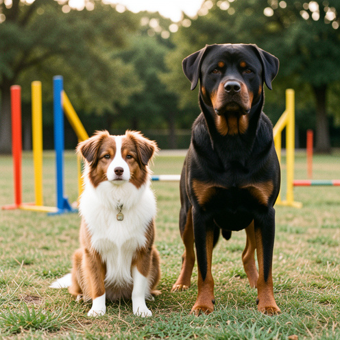Un Berger Australien miniature et un Rottweiler attentifs côte à côte dans un parc, près d’équipements d’agility, illustrant leurs besoins d’activité et d’éducation.