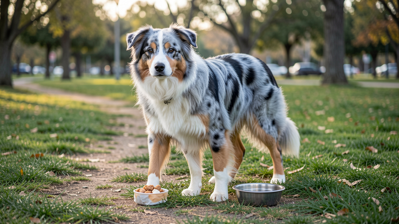 Berger Australien en bonne santé près d’une portion mesurée de nourriture et d’un bol d’eau, dans un parc verdoyant propice à l’activité physique.