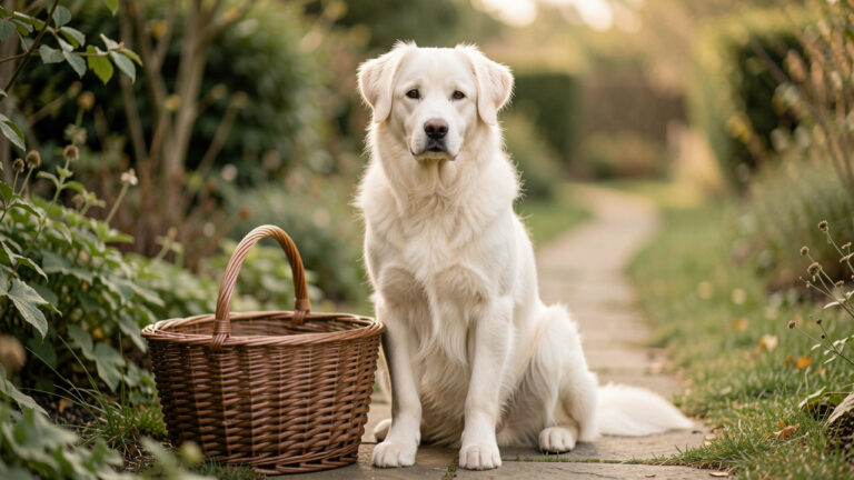 Berger blanc suisse au regard doux, assis calmement dans un jardin paisible, illustrant sa sensibilité et une relation équilibrée.