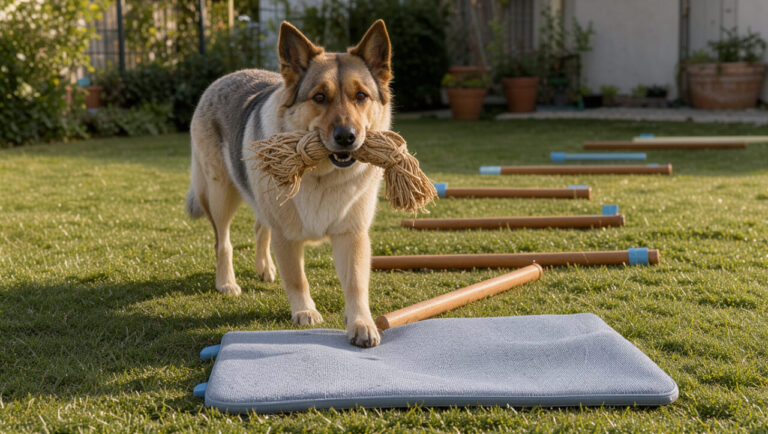 Berger des Pyrénées vif participant calmement à une routine d’activités structurées dans un jardin, près d’un parcours d’agilité et d’un tapis de repos.