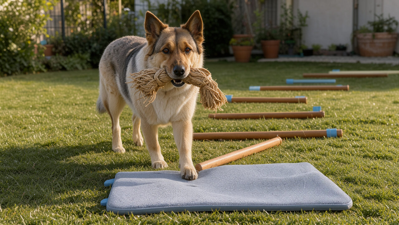 Berger des Pyrénées vif participant calmement à une routine d’activités structurées dans un jardin, près d’un parcours d’agilité et d’un tapis de repos.