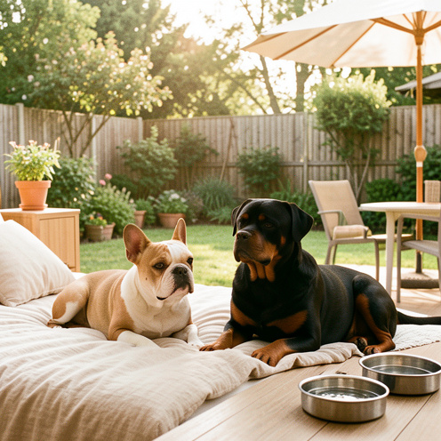 Un bouledogue français et un rottweiler en bonne santé se reposent ensemble dans une maison confortable donnant sur un jardin sécurisé.