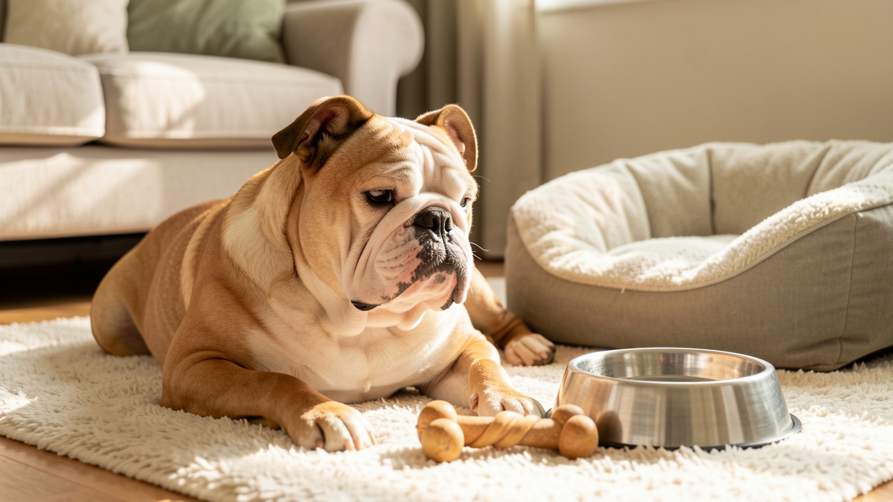 Bouledogue anglais au caractère placide, installé paisiblement dans un intérieur chaleureux avec son panier, sa gamelle d’eau et un jouet.