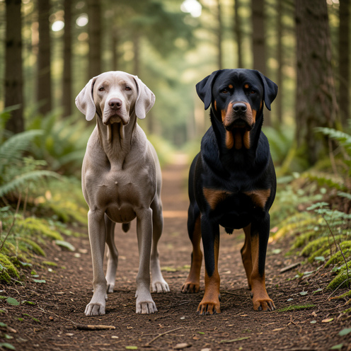 Un Braque de Weimar et un Rottweiler côte à côte sur un chemin forestier pendant un exercice d’éducation canine.