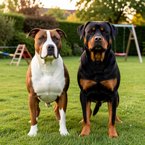 Un Bull Terrier et un Rottweiler côte à côte dans un jardin, illustrant leur caractère, leur éducation et leurs besoins.