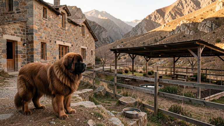 Un majestueux Dogue du Tibet veille devant une ferme en pierre entourée d’un vaste jardin clôturé, avec un abri ombragé et un environnement montagneux naturel.