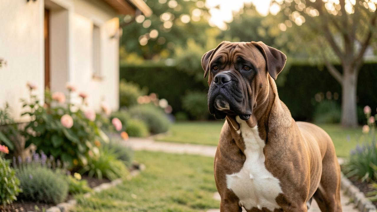 Un Cane Corso calme et attentif se tient dans un jardin devant une maison, illustrant son tempérament protecteur et une cohabitation sereine.