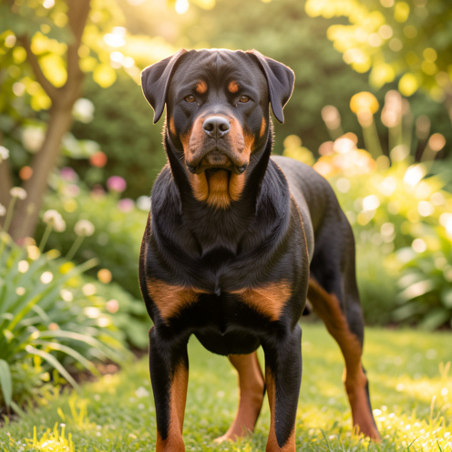 Rottweiler calme et attentif dans un jardin ensoleillé, illustrant un tempérament équilibré, loyal et courageux.