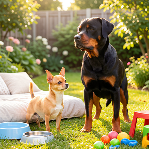 Un Chihuahua attentif et un Rottweiler imposant debout côte à côte dans un jardin lumineux, illustrant leurs différences de caractère, de taille et de besoins.