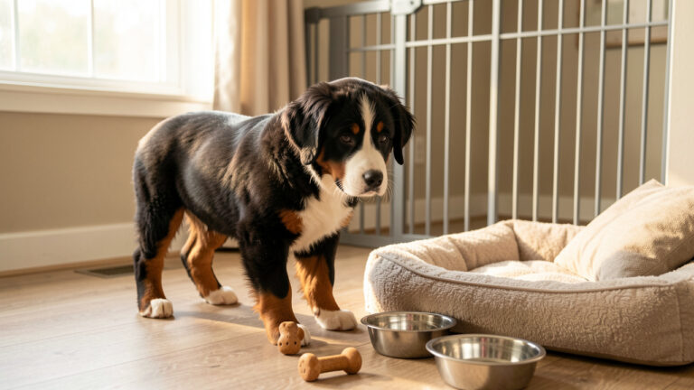 Chiot bouvier bernois tricolore découvrant un salon préparé avec un panier, des gamelles, des jouets et une barrière de sécurité.