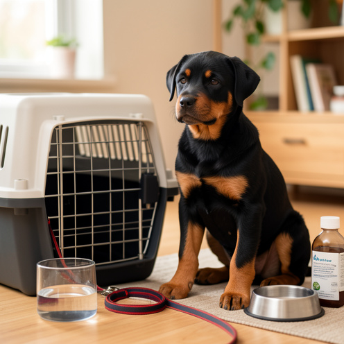 Chiot Rottweiler noir et feu assis dans un intérieur propre, entouré d’accessoires et de fournitures vétérinaires évoquant une adoption responsable.