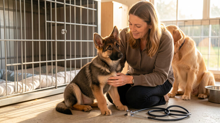 Un chiot berger allemand en bonne santé est examiné par une vétérinaire aux côtés d’une éleveuse dans un élevage propre et bien entretenu.