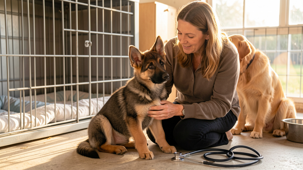Un chiot berger allemand en bonne santé est examiné par une vétérinaire aux côtés d’une éleveuse dans un élevage propre et bien entretenu.
