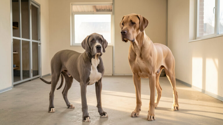 Un chiot dogue allemand en bonne santé se tient aux côtés d’un dogue allemand adulte dans un élevage spacieux et propre.