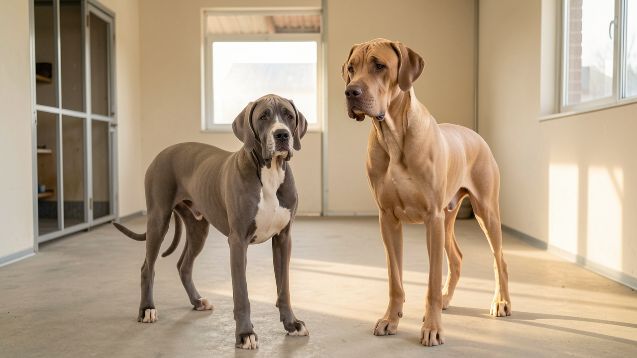Un chiot dogue allemand en bonne santé se tient aux côtés d’un dogue allemand adulte dans un élevage spacieux et propre.