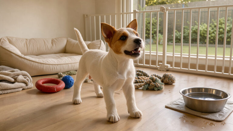 Chiot Fox Terrier énergique découvrant un espace de vie sécurisé et adapté à ses besoins.