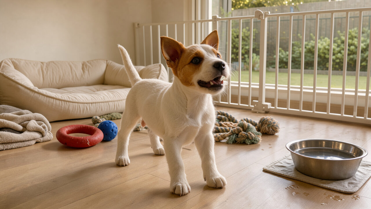 Chiot Fox Terrier énergique découvrant un espace de vie sécurisé et adapté à ses besoins.