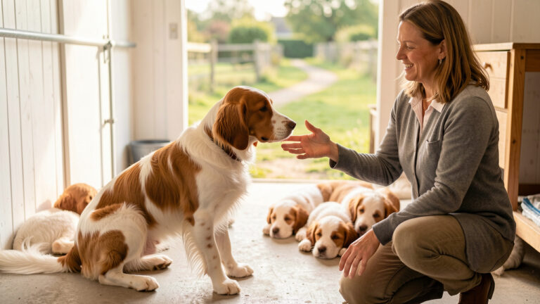 Un chiot Setter anglais blanc et orange observe une éleveuse dans un élevage propre et lumineux, avec d’autres chiots et un jardin en arrière-plan.