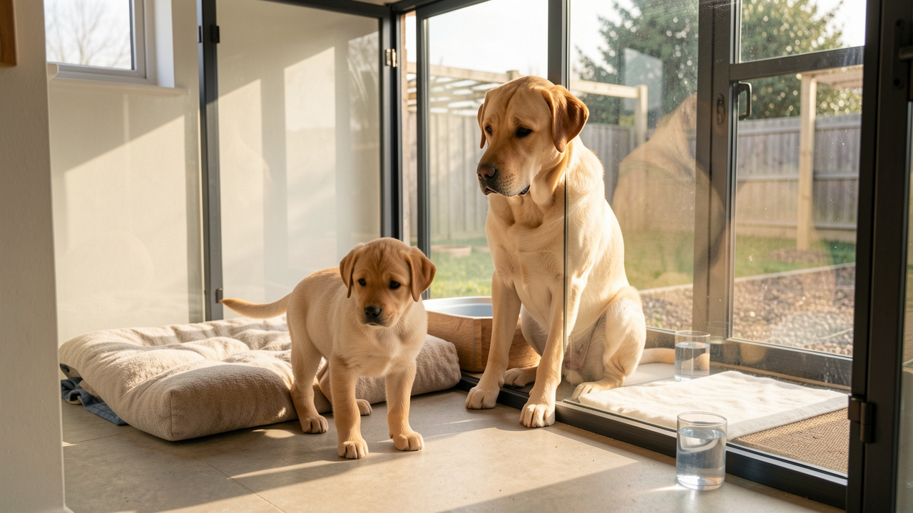 Chiot Labrador en bonne santé explorant calmement un espace d’élevage propre aux côtés de sa mère.
