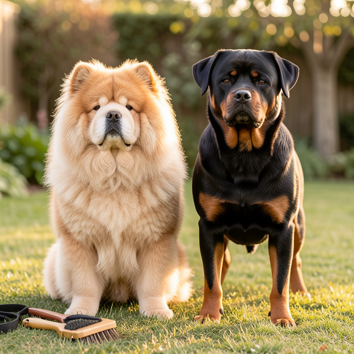Un Chow-Chow et un Rottweiler debout côte à côte dans un jardin, illustrant la comparaison de leur tempérament, de leur éducation et de leur entretien.