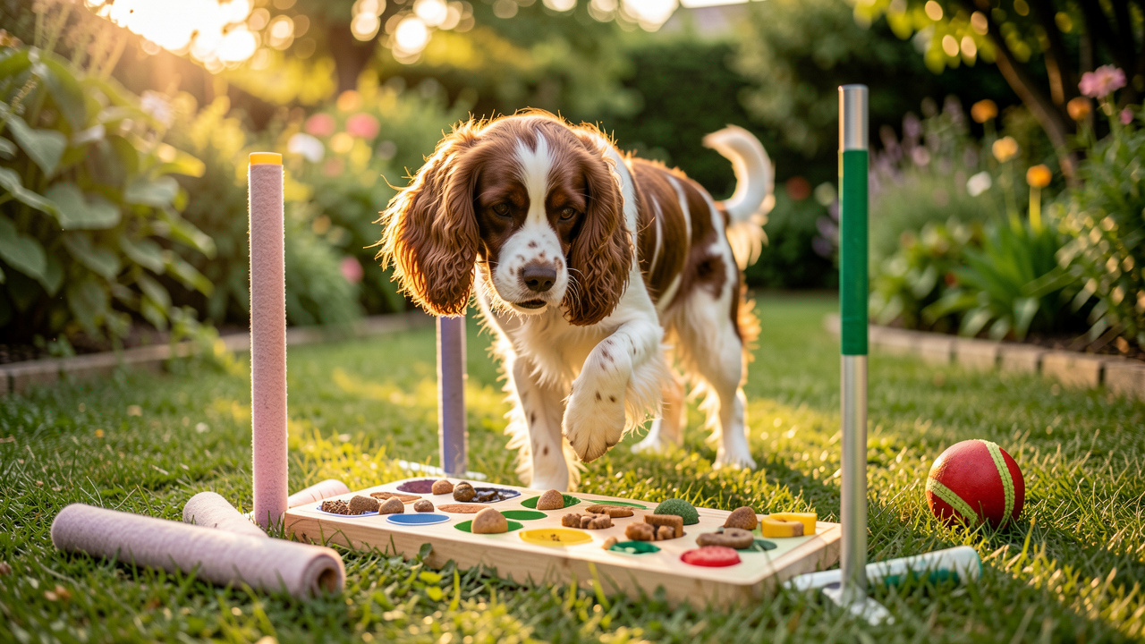 Cocker anglais participant à plusieurs activités éducatives dans un jardin, avec un jeu de réflexion, un parcours d’agilité et des jouets.