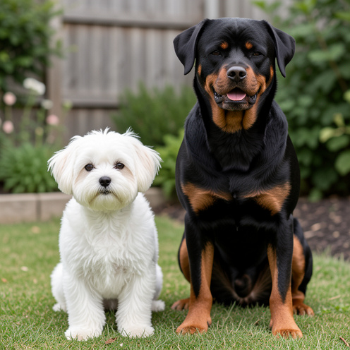 Un petit bichon maltais et un grand rottweiler debout côte à côte dans un jardin, illustrant leur différence de taille et de pelage.