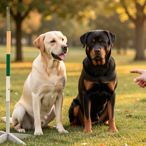 Un Labrador et un Rottweiler assis côte à côte dans un parc, attentifs à un exercice d’éducation canine.