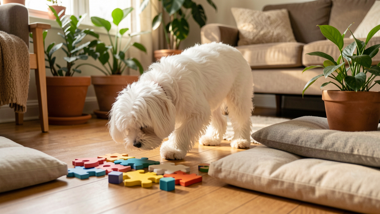 Un Coton de Tuléar au pelage blanc explore doucement un parcours d’activités éducatives avec un jeu de réflexion, une piste d’odeurs et des coussins d’équilibre dans un salon lumineux.