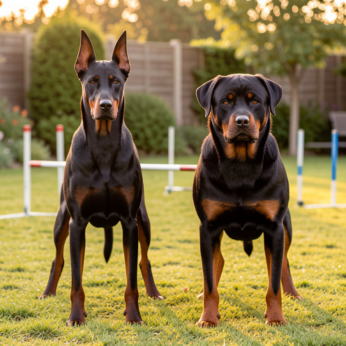 Un Dobermann et un Rottweiler se tiennent côte à côte dans un jardin sécurisé, illustrant leurs différences de caractère, d’éducation et d’aptitude à la garde.