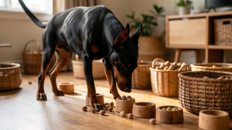 Dobermann explorant un parcours d’activités de flair avec des objets cachant des friandises.
