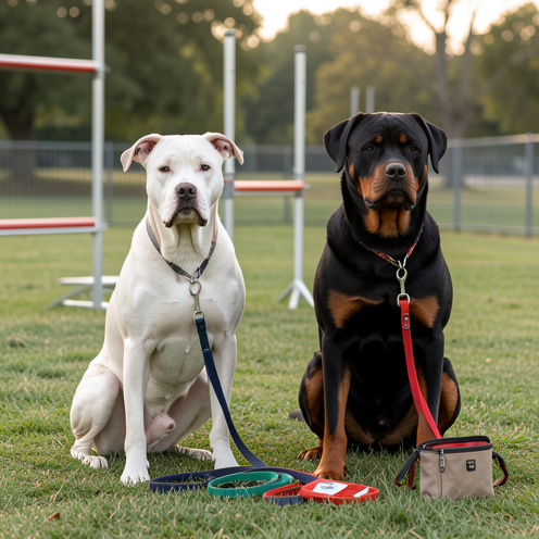 Un Dogue argentin et un Rottweiler assis calmement dans un parc clôturé près d’accessoires d’éducation canine.