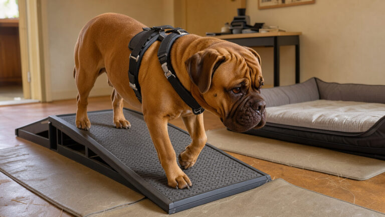 Un Dogue de Bordeaux utilise une rampe antidérapante près d’un couchage orthopédique, avec un harnais de soutien et des tapis matelassés pour protéger ses articulations.