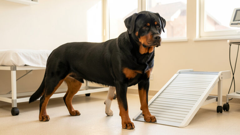 Rottweiler adulte examiné avec douceur dans une clinique vétérinaire, près d’un couchage orthopédique et d’une rampe facilitant les déplacements quotidiens.